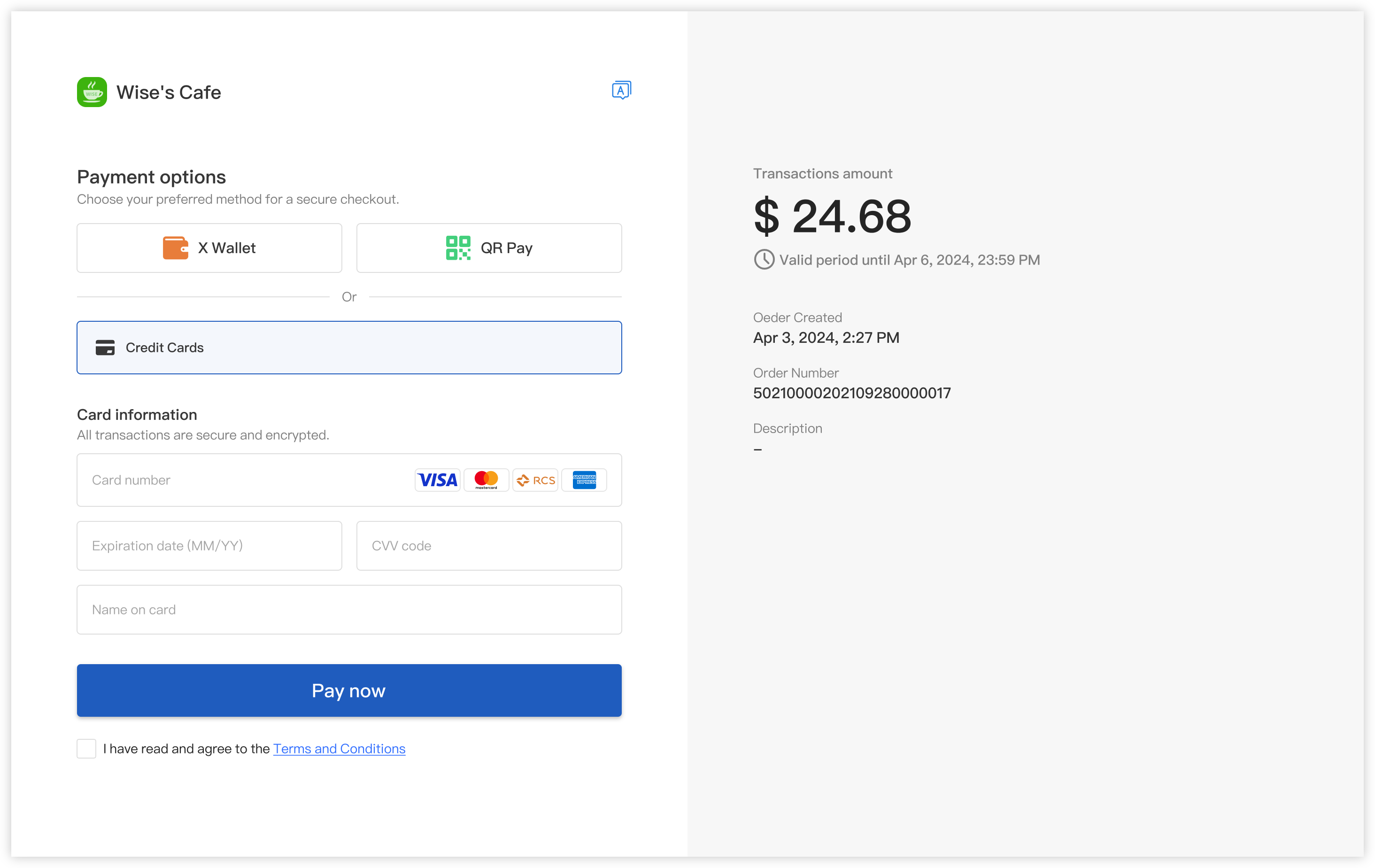 PayCloud Checkout页面展示 银行卡支付 信用卡支付 Credit